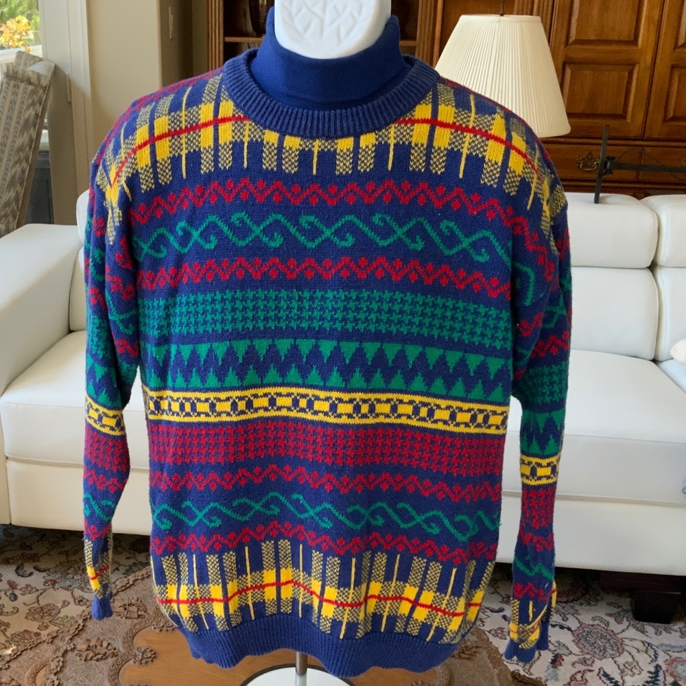 Colorful vintage knit sweater set with matching turtleneck